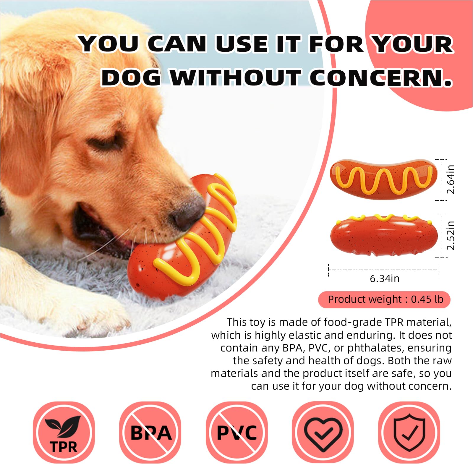 TLKNG hotdog toy interior squeaker demonstrates heavy-duty squeak for strong chewers.