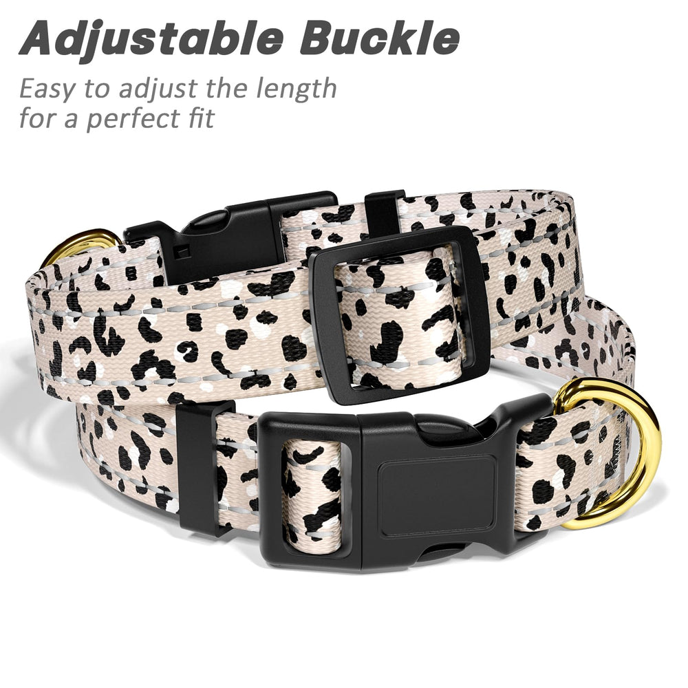 TMOODEL beige leopard collar with secure D-ring attachment for reliable leash connection.