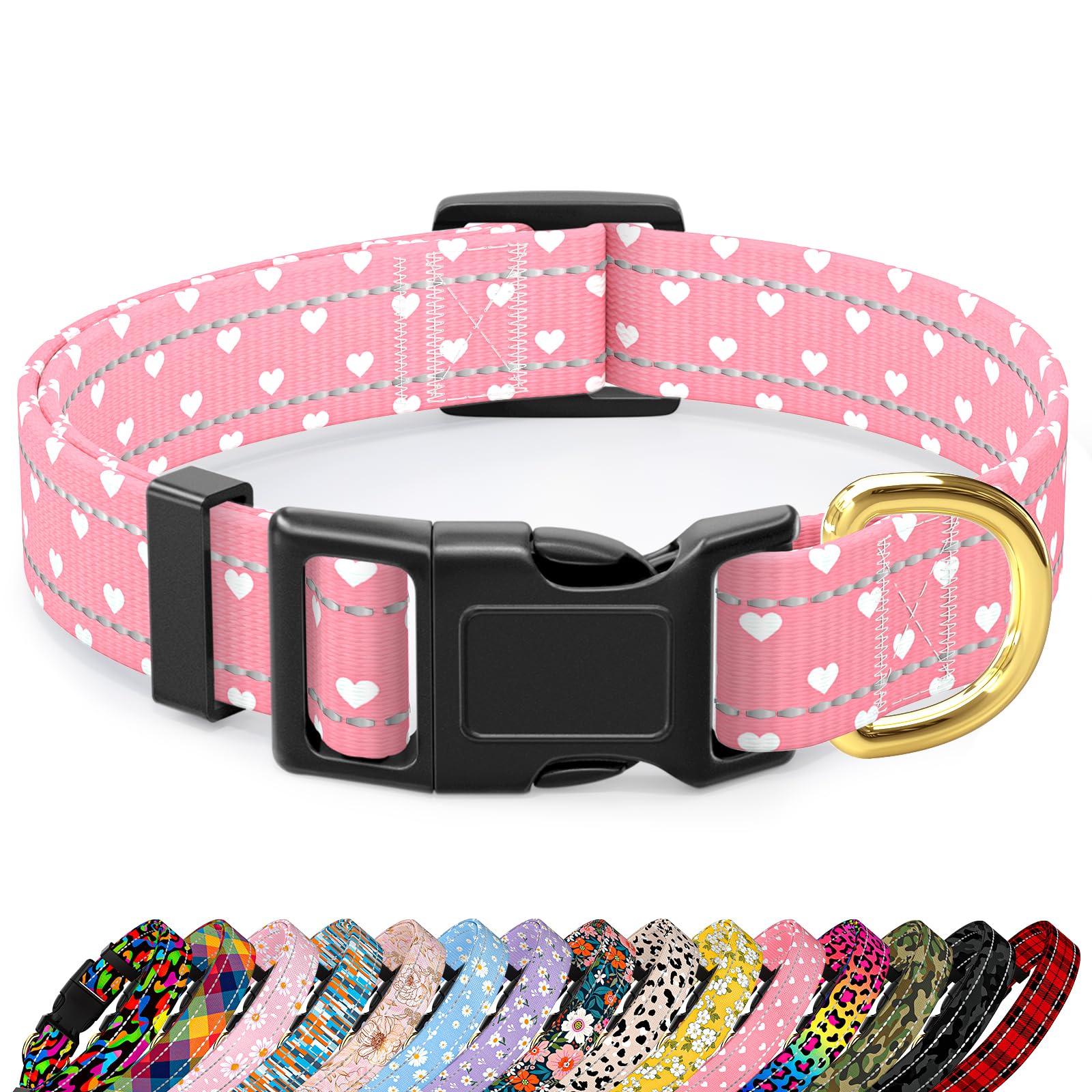 TMOODEL reflective dog collar with pink hearts boosts night visibility for safer walks.