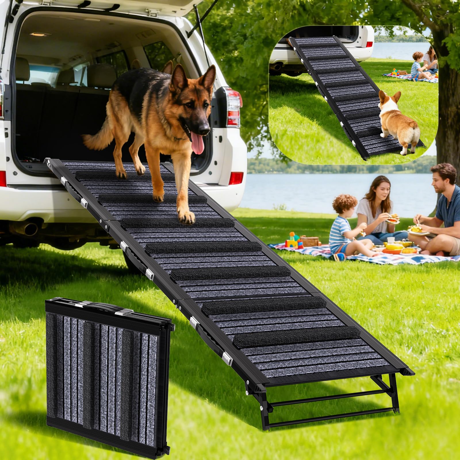 TNELTUEB dog ramp side view shows sturdy aluminum frame for SUV access.