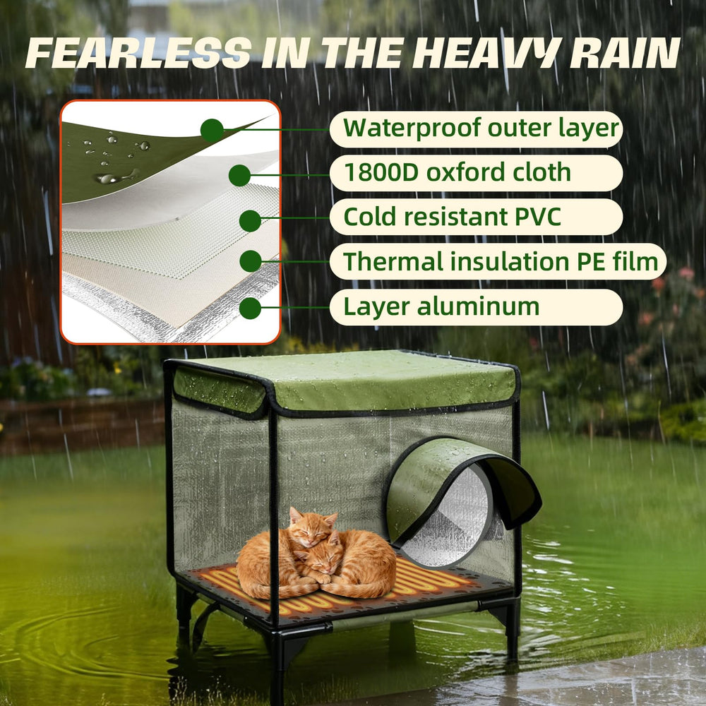TNELTUEB heated cat house waterproof awning detail emphasizes dry shelter during rain