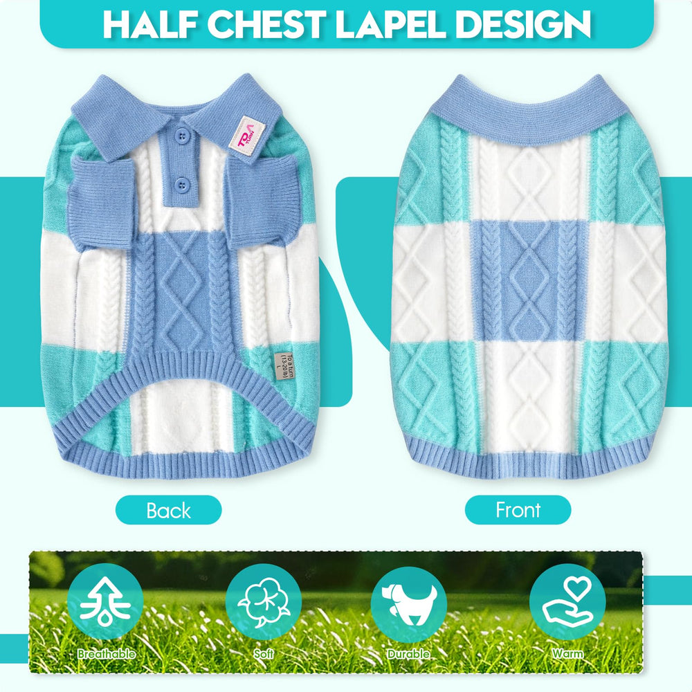 To A Turn pullover dog sweater blue group back view shows seamless fit for easy wearing.
