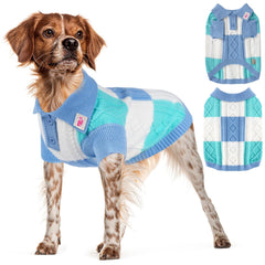 To A Turn pullover dog sweater blue group front view highlights cozy knit warmth for dogs.