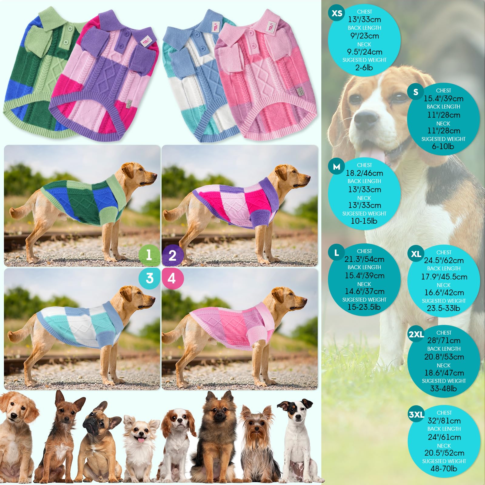 To A Turn pullover dog sweater blue group size chart helps you pick the right fit.