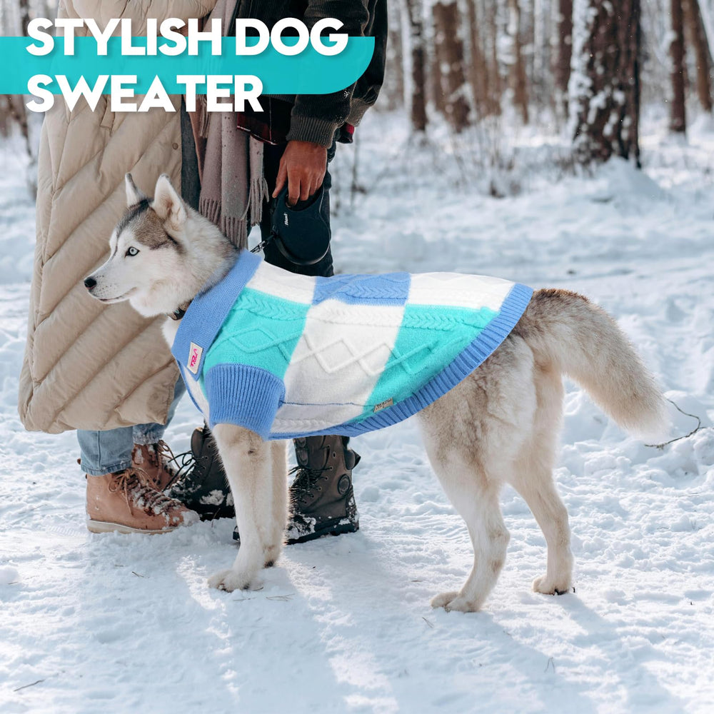 To A Turn pullover dog sweater blue group sleeveless design enables full movement during play.