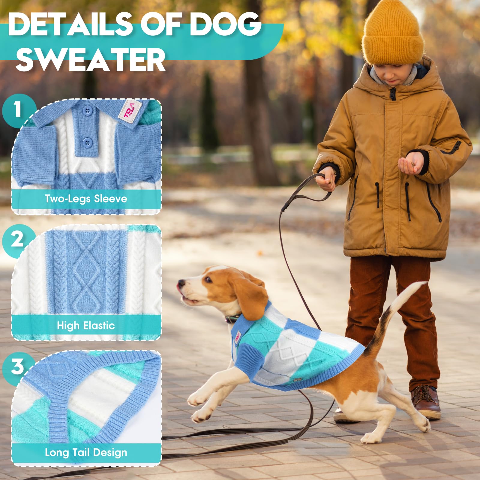 To A Turn pullover dog sweater blue group twisted rope pattern delivers bright fashion flair.