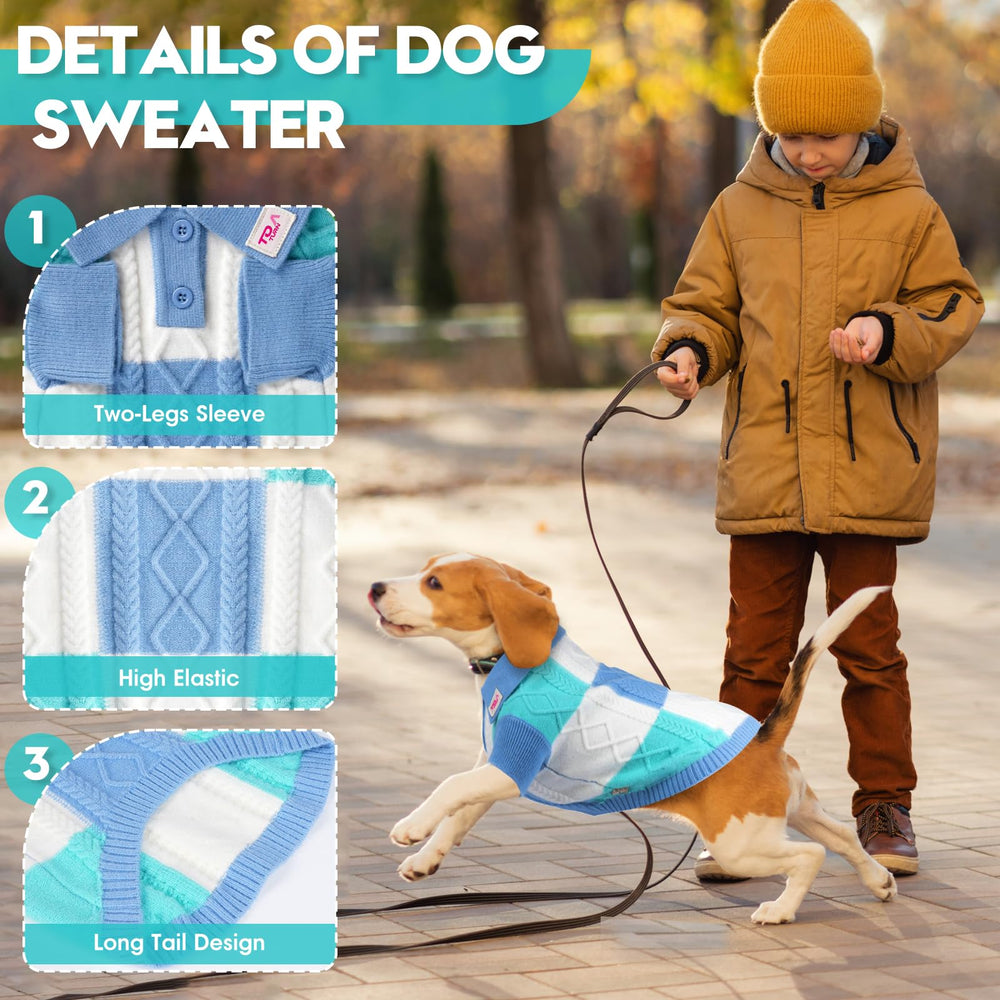 To A Turn pullover dog sweater blue group twisted rope pattern delivers bright fashion flair.