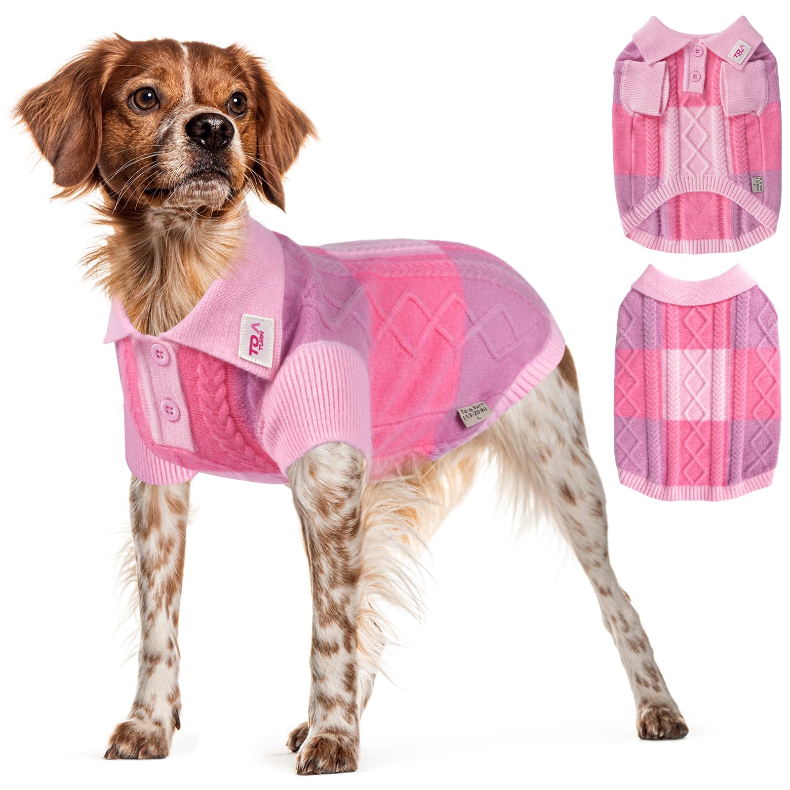 To A Turn pullover dog sweater pink group half-chest lapel close-up, cozy warmth for daily walks.
