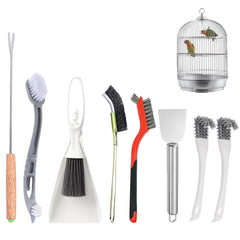 TOAINRSI bird cage cleaning kit contents laid out for comprehensive cage maintenance.