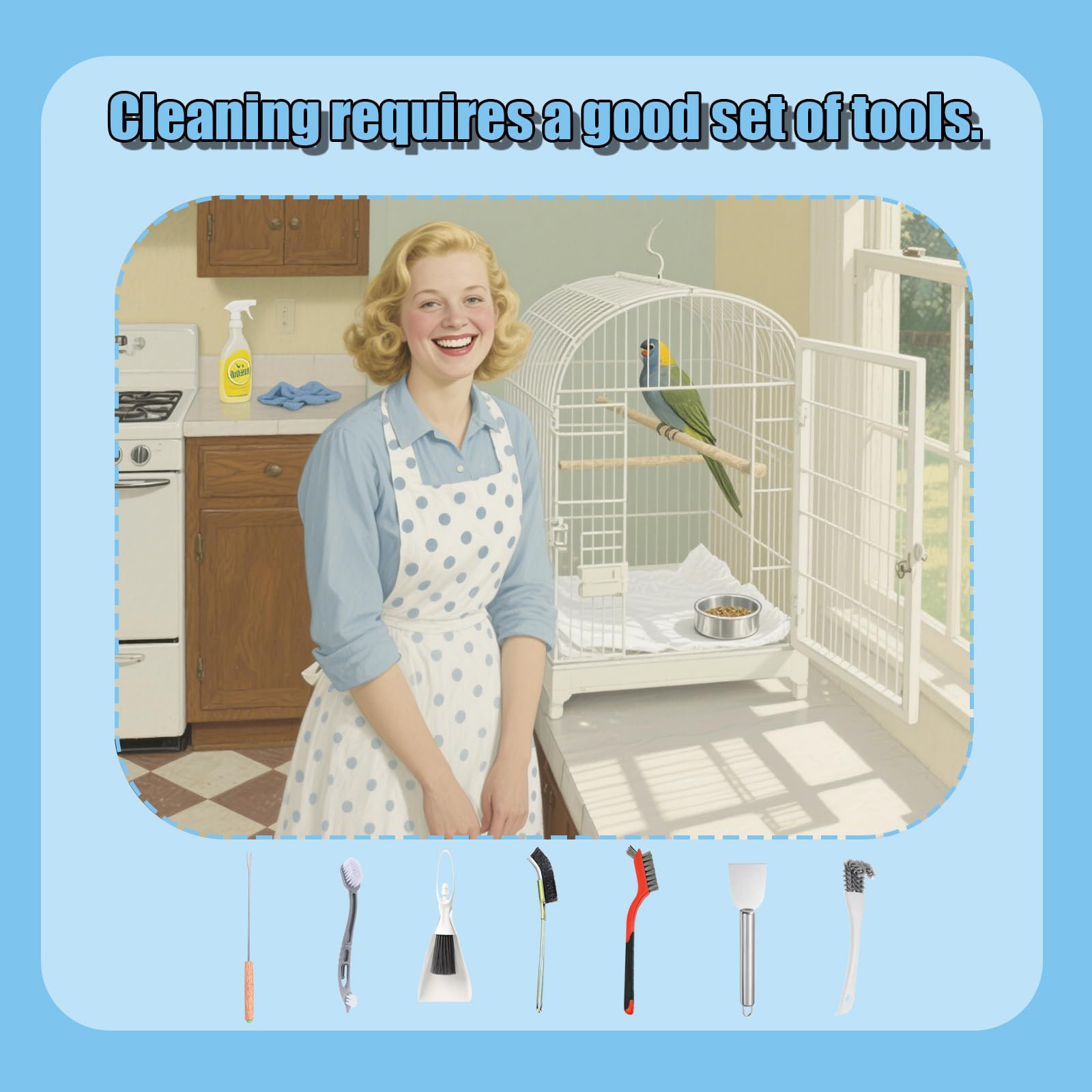 TOAINRSI stainless steel brush removes rust stains for a refreshed cage.