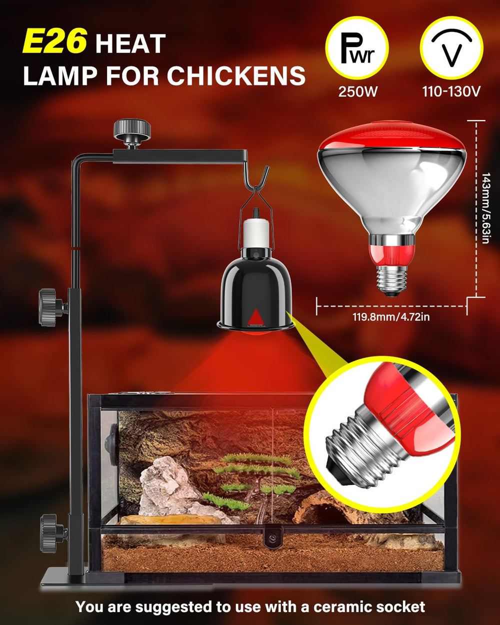 Tobebright safety tip: use ceramic socket and avoid direct contact with animals.