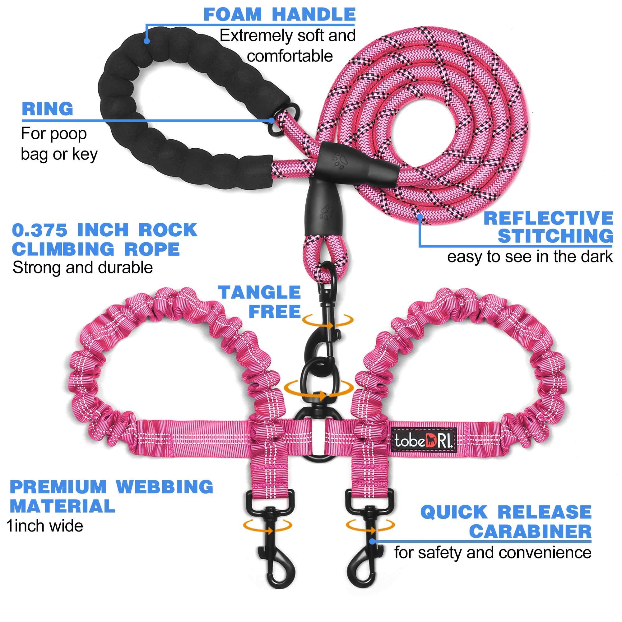 tobeDRI Dual Dog Leash showing tangle-free swivel reduces dog intertwining.