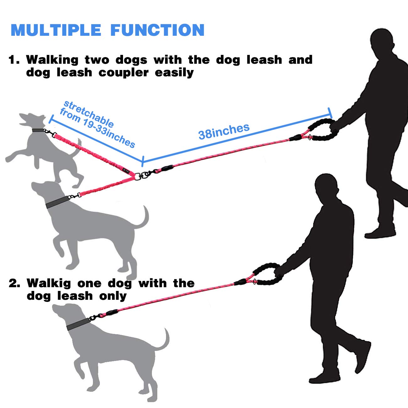 tobeDRI Pink dual-dog leash for night walks with reflective safety.