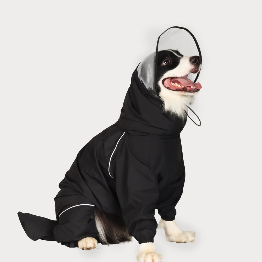 TOBOSS dog raincoat front view provides full body protection for rainy walks.