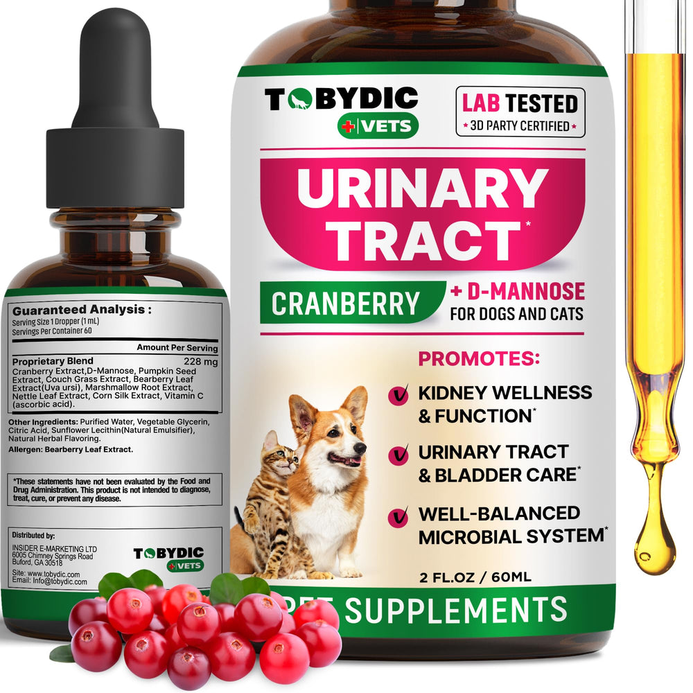 TOBYDIC UTI treatment bottle label shows urinary health support for pets.