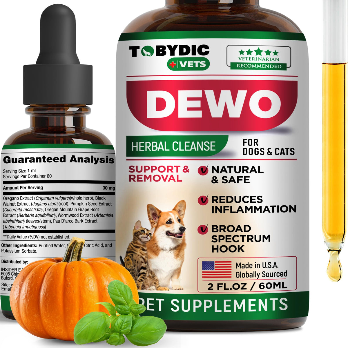 TOBYDIC herbal cleanse bottle pour highlights easy daily dosing for pets.