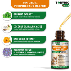 TOBYDIC herbal drops bottle dispense demonstrates easy application for yeast relief.