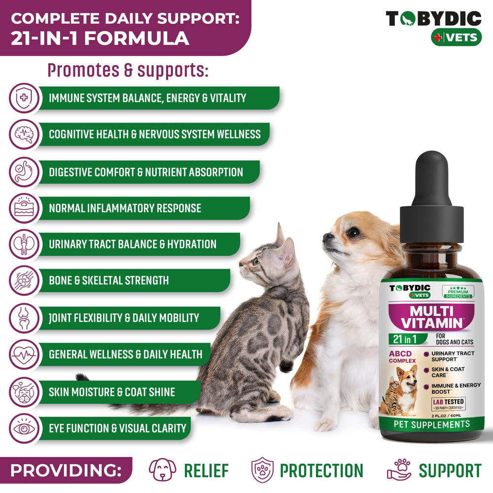 TOBYDIC liquid drops ready for easy dosing in meals or treats.