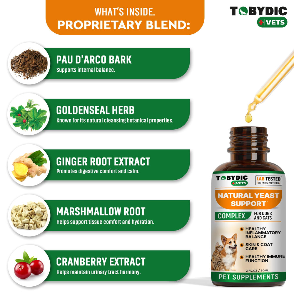 TOBYDIC made-in-USA label closeup signals quality and safe herbal care for pets.