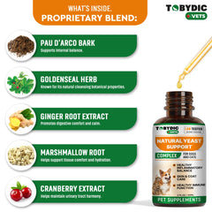 TOBYDIC made-in-USA label closeup signals quality and safe herbal care for pets.