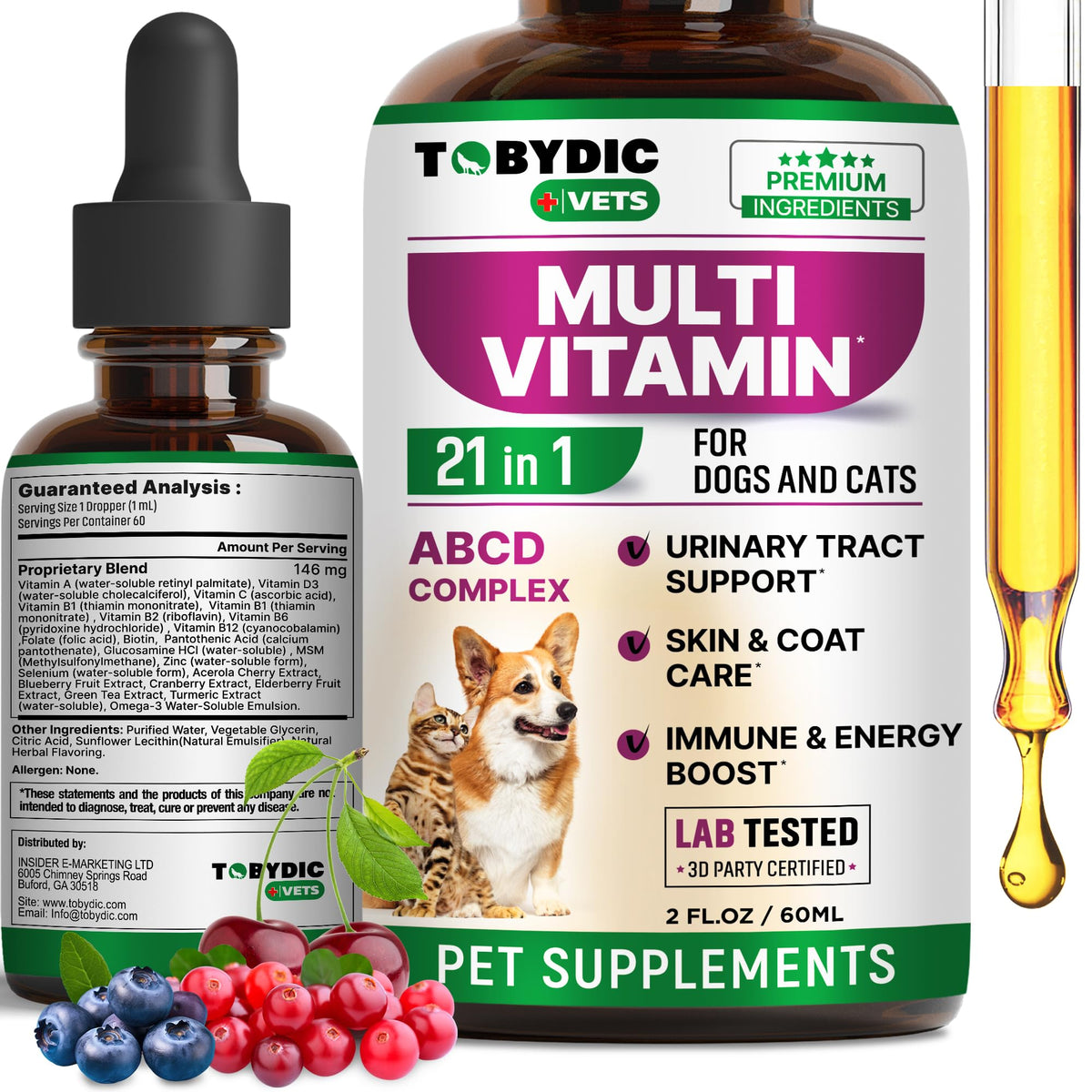 TOBYDIC multivitamin bottle for USA-made pet wellness.