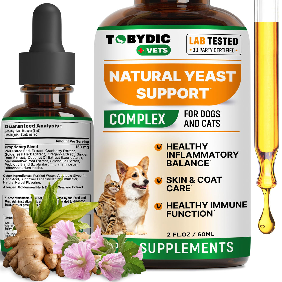 TOBYDIC natural yeast relief bottle drops soothe dogs ears with a gentle herbal blend.