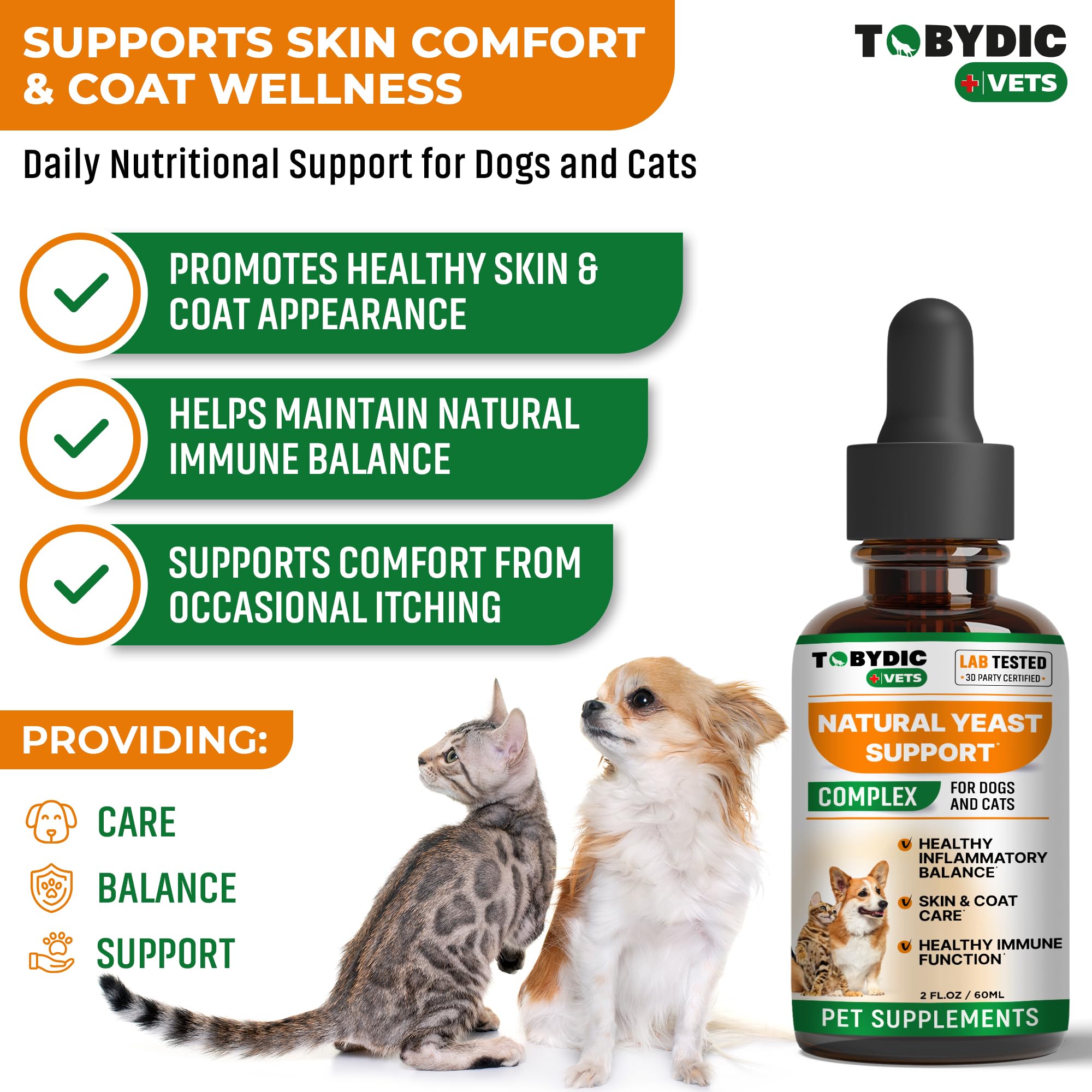 TOBYDIC natural yeast relief dogs skin closeup shows soothing herbal formula for itchy skin.