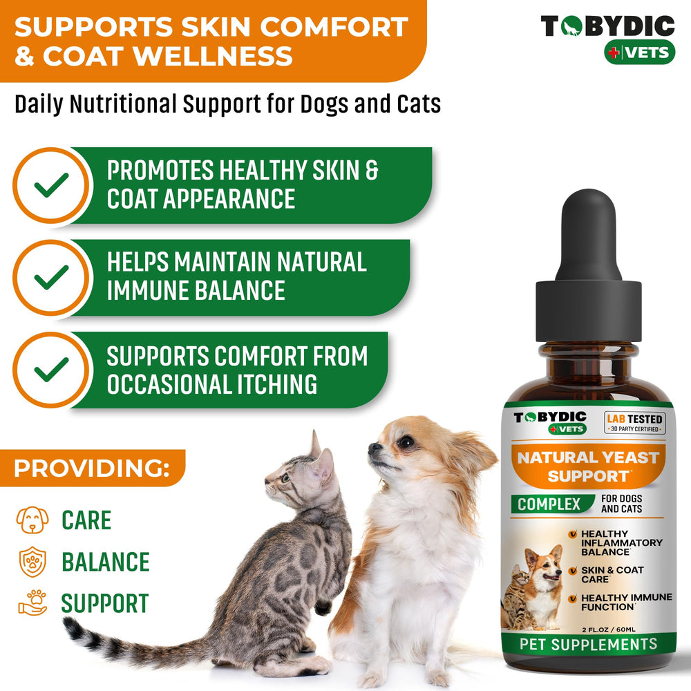 TOBYDIC natural yeast relief dogs skin closeup shows soothing herbal formula for itchy skin.