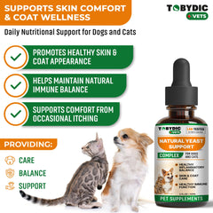 TOBYDIC natural yeast relief dogs skin closeup shows soothing herbal formula for itchy skin.