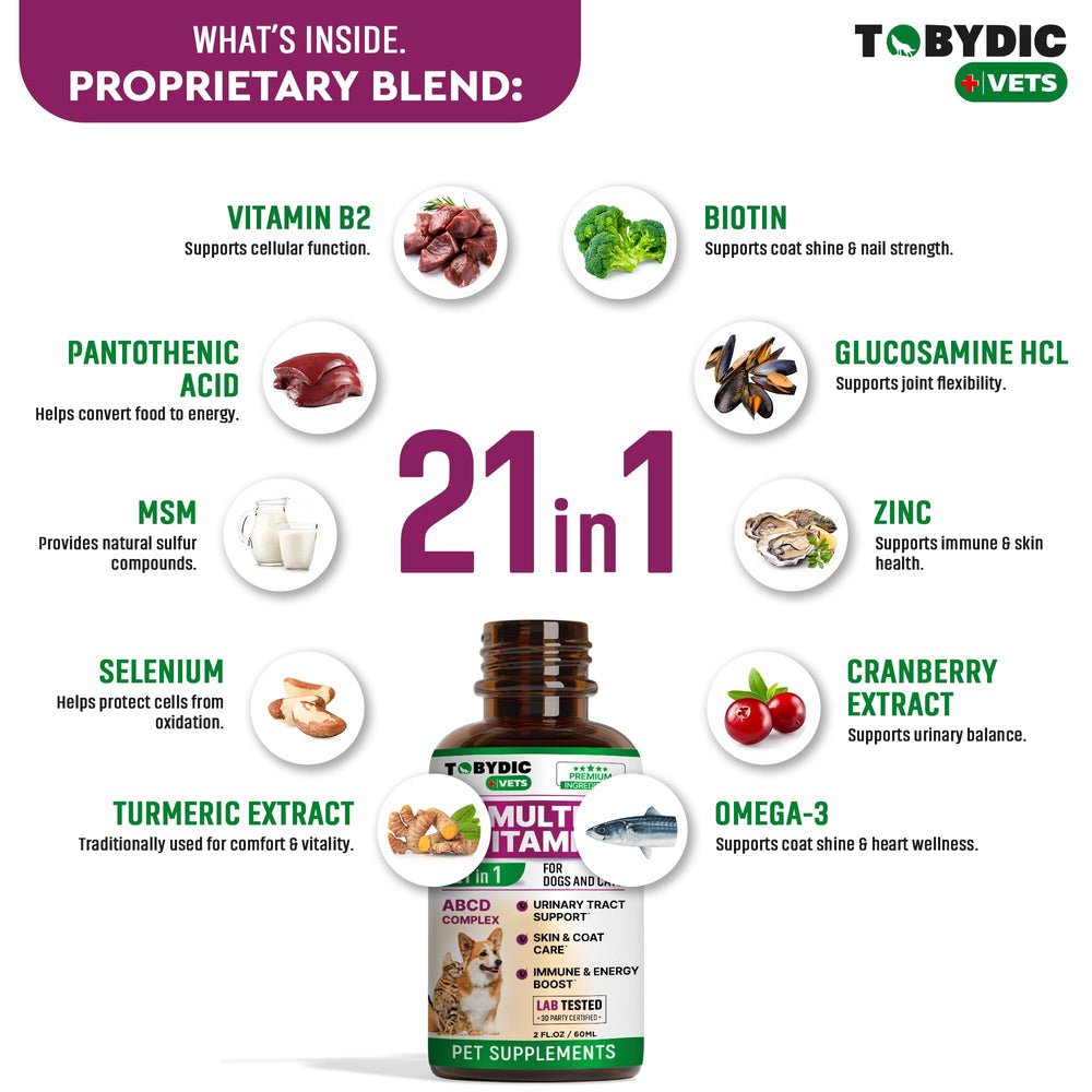 TOBYDIC skin and coat nourishment promotes shiny fur and healthy skin.