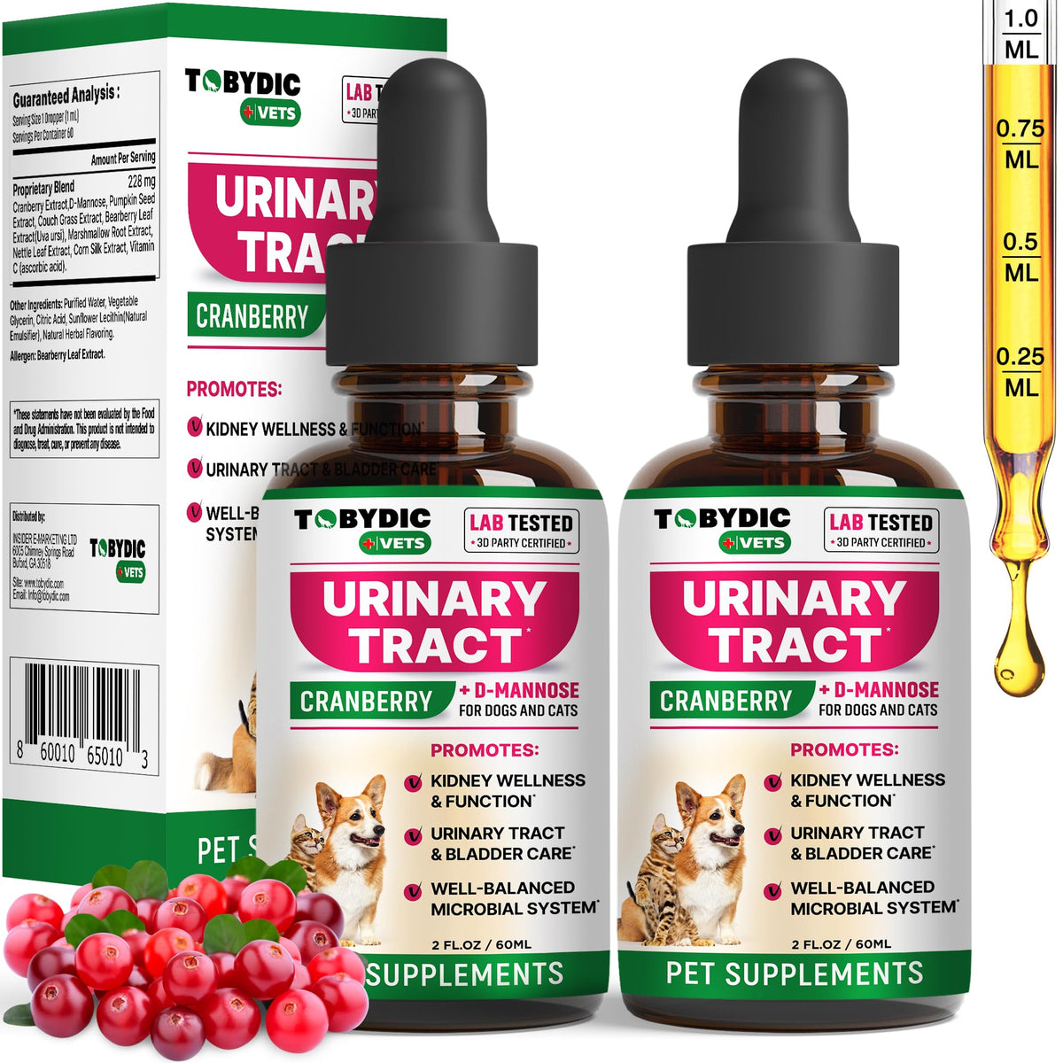 TOBYDIC UTI support bottle front view shows pet urinary health support