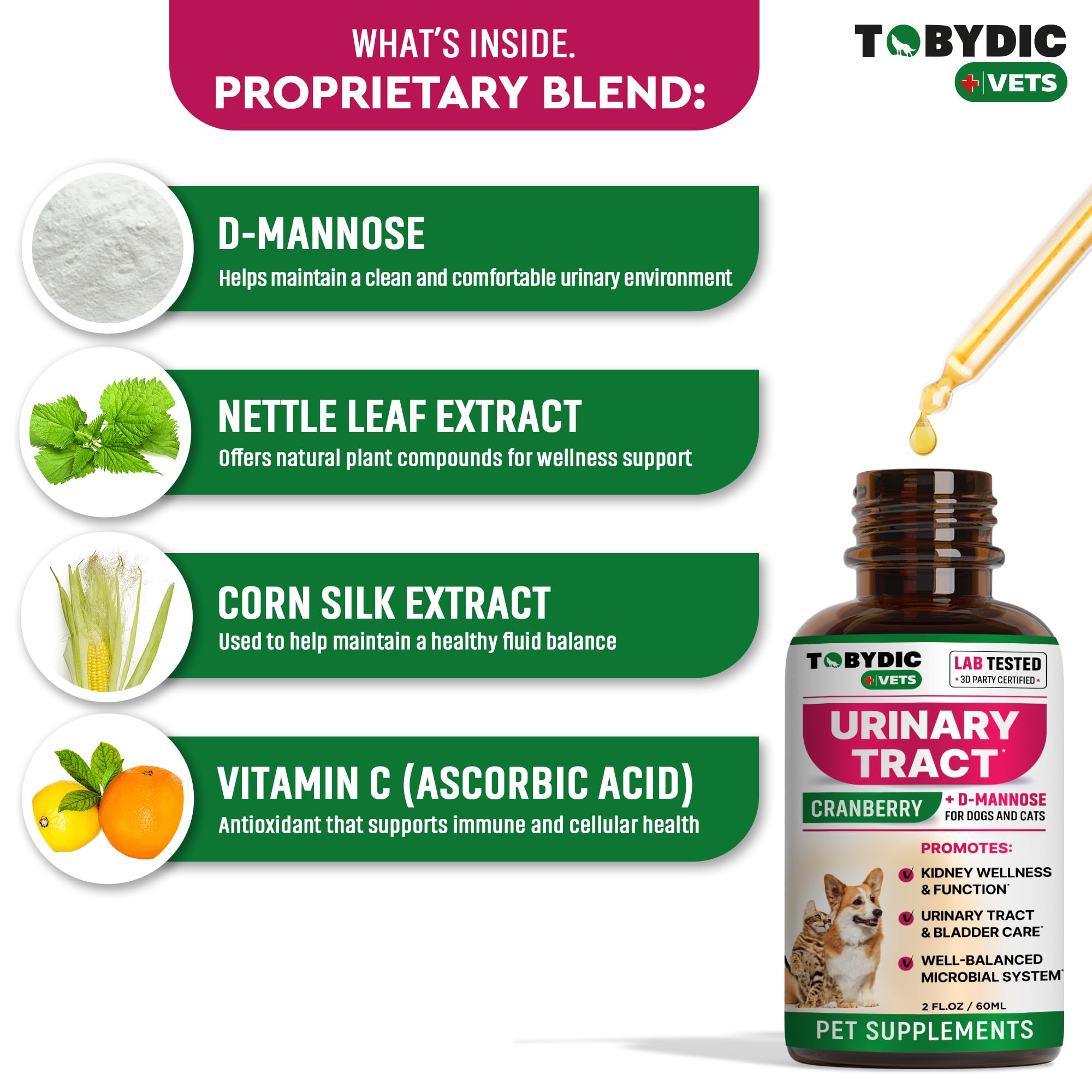 TOBYDIC UTI support cat and dog usage image showing versatile urinary health support