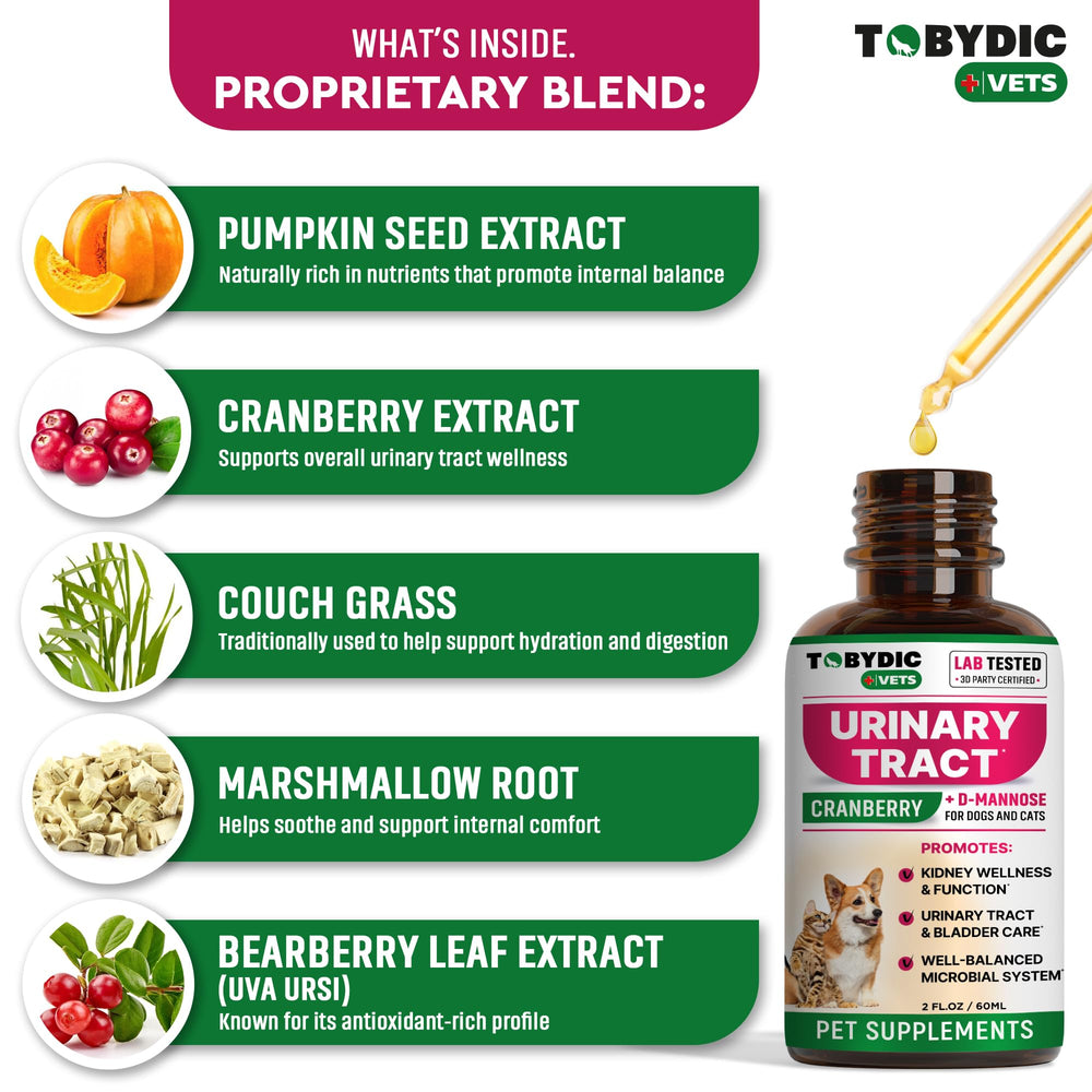TOBYDIC UTI support dropper closeup showing easy dosing for pets