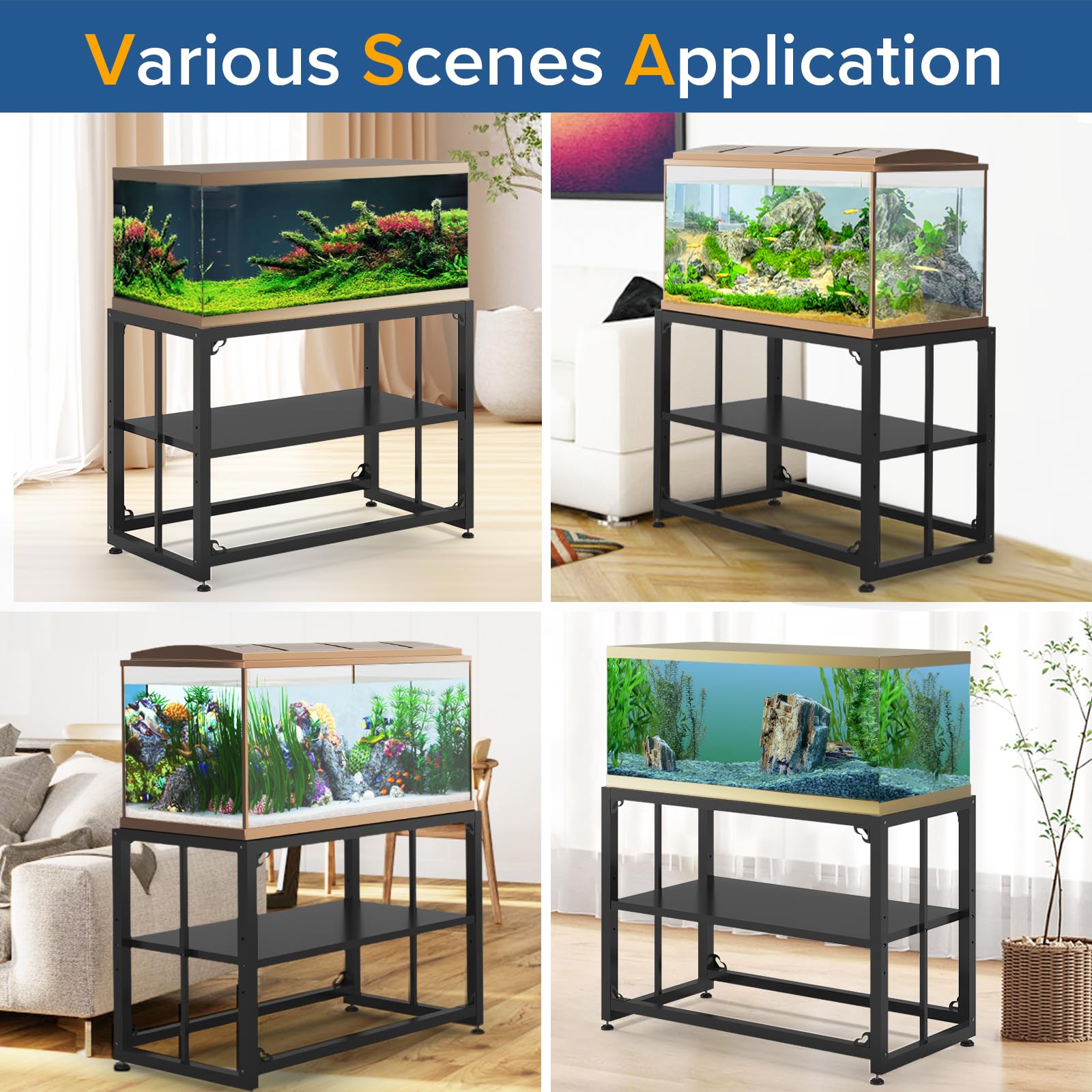 TOCRETOARE fish-tank-stand with non-slip feet protecting floors.