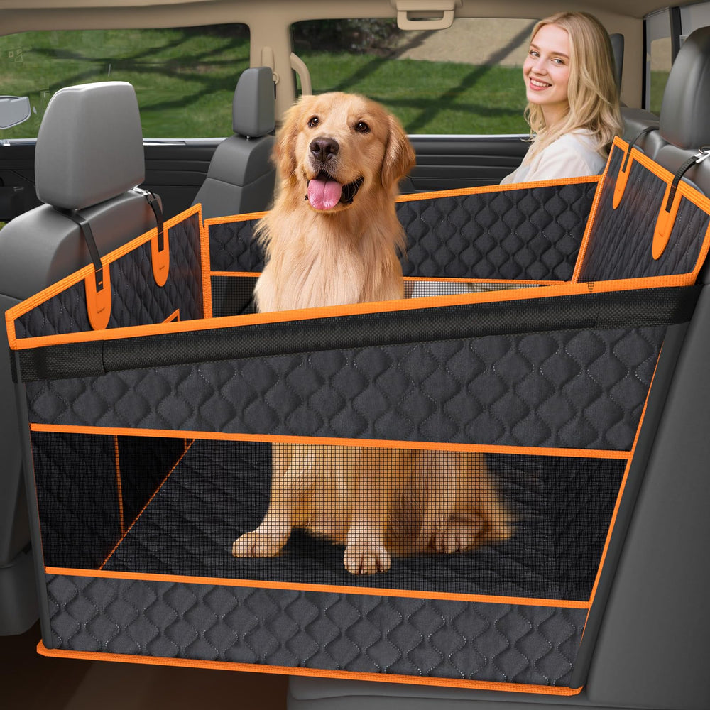 Toffos dog car seat front view shows sturdy backseat extender for added pet space