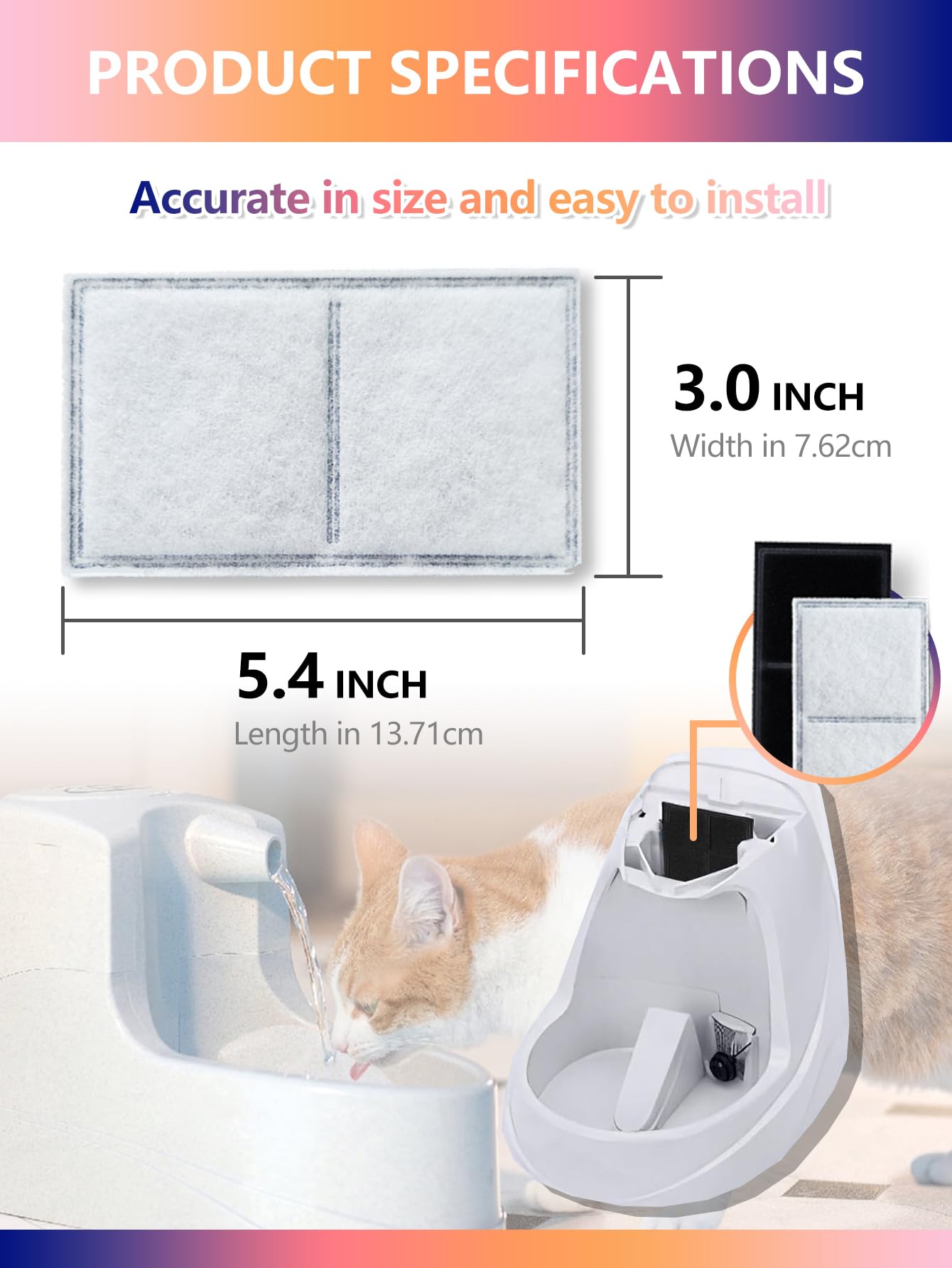 TOGGATH cat water fountain filter instruction pack shows quick soak and rinse steps for clean use