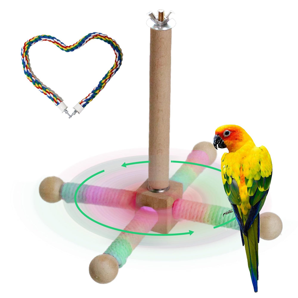 TogyGooty 24-inch bird perch rotation stand shows 360-degree movement for parrots
