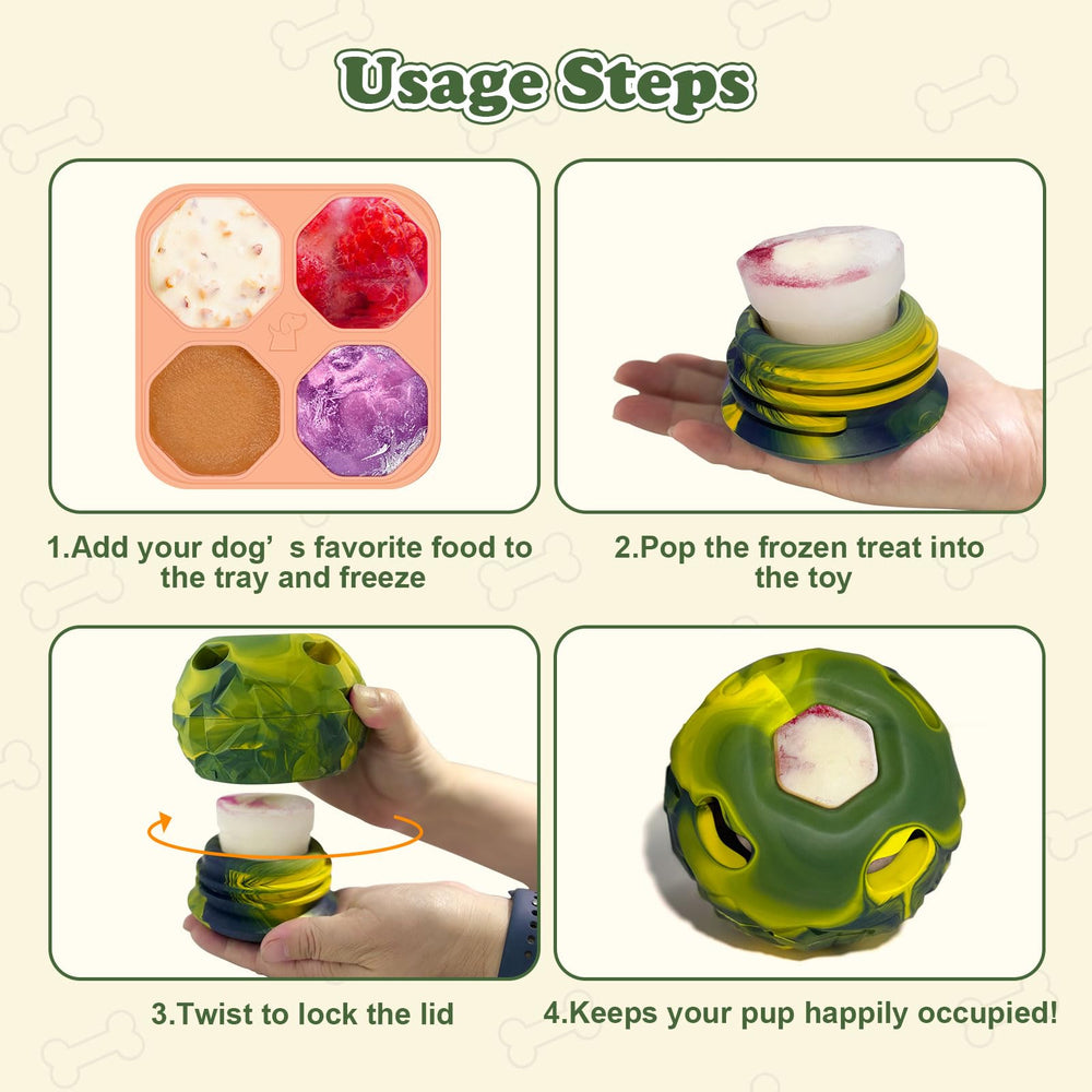 Tokwidget Freeze-Bone Tray Inside Freezer keeps frozen treats organized for dogs during play.