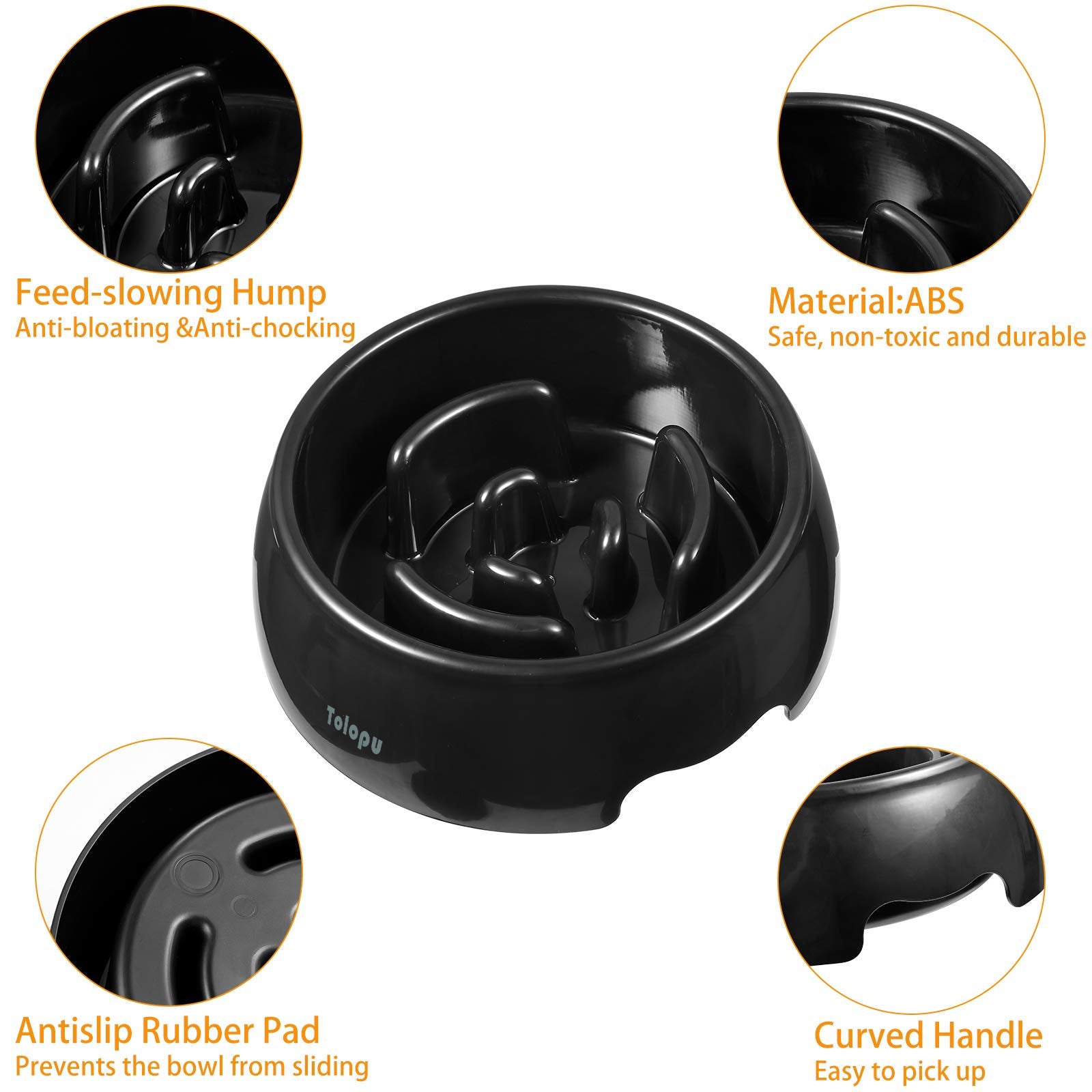 Tolopu slow feeder bowl shows compatibility with dry and wet food.