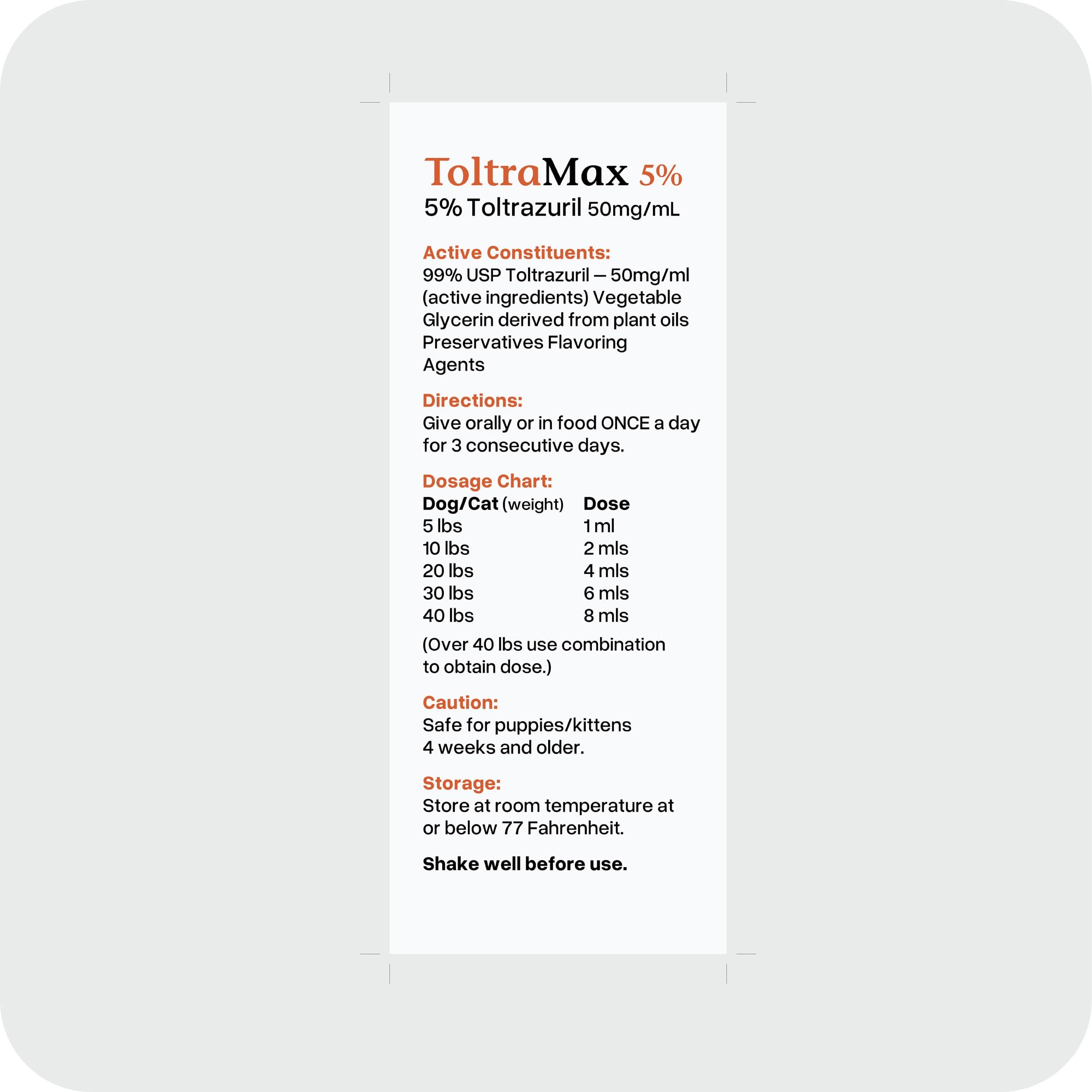 ToltraMax Toltrazuril use in dogs, cats, and horses for versatile care.