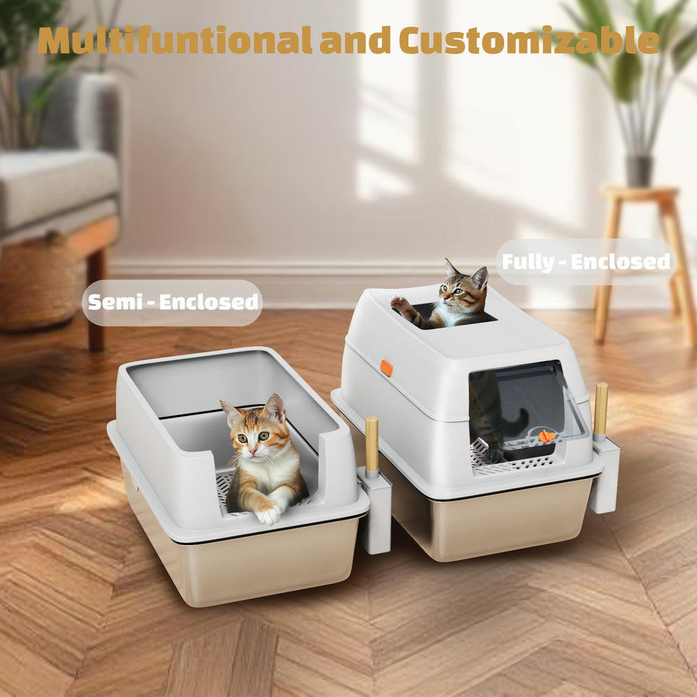 Tom & Sora Creations stainless-steel litter box capacity graphic showing 20L space for larger setups