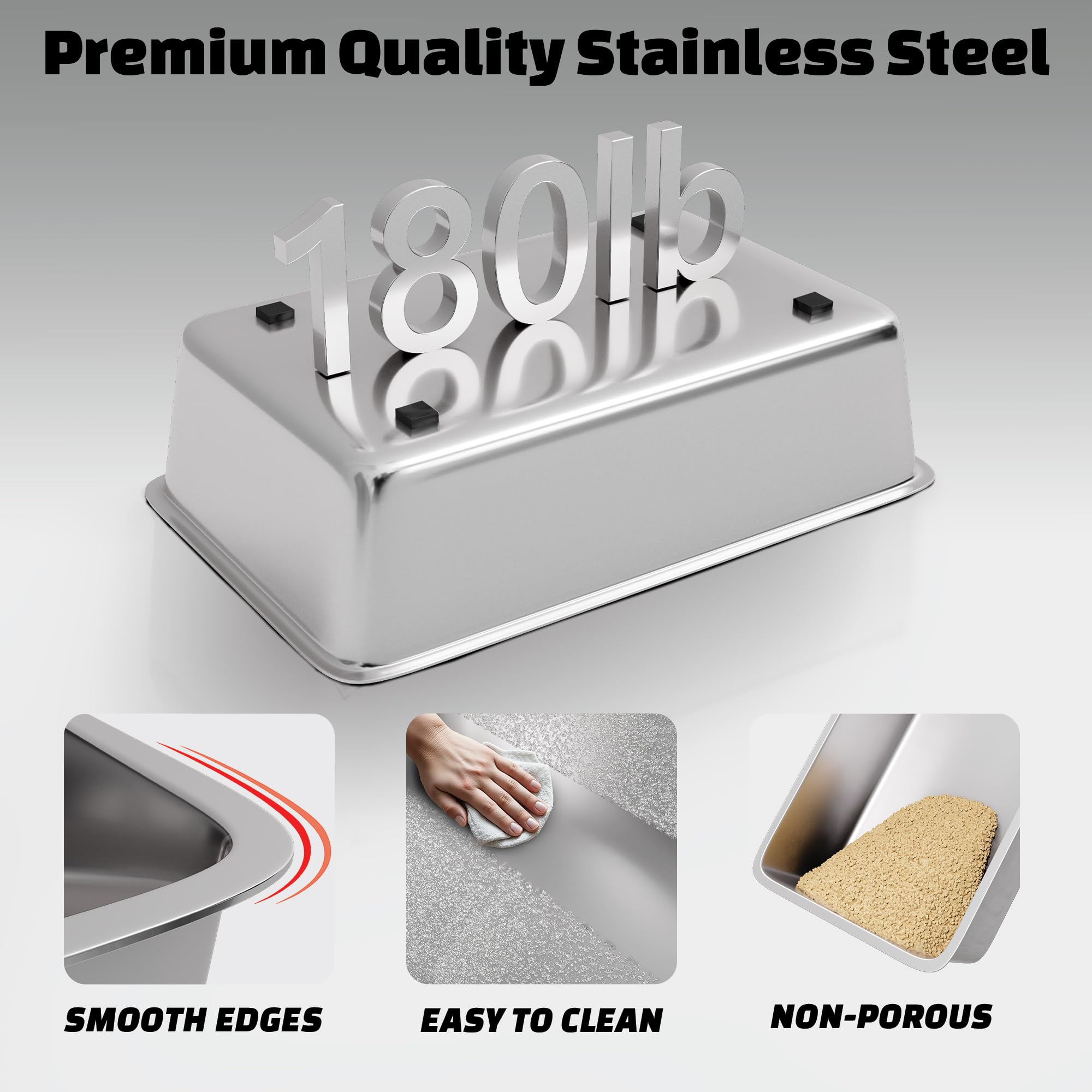 Tom & Sora Creations stainless-steel litter box cleaning closeup illustrating non-porous surface