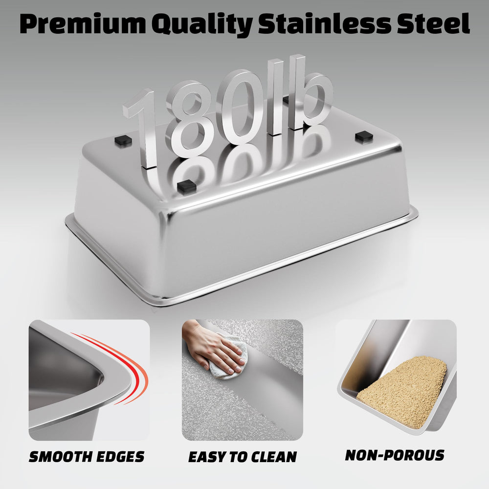 Tom & Sora Creations stainless-steel litter box cleaning closeup illustrating non-porous surface