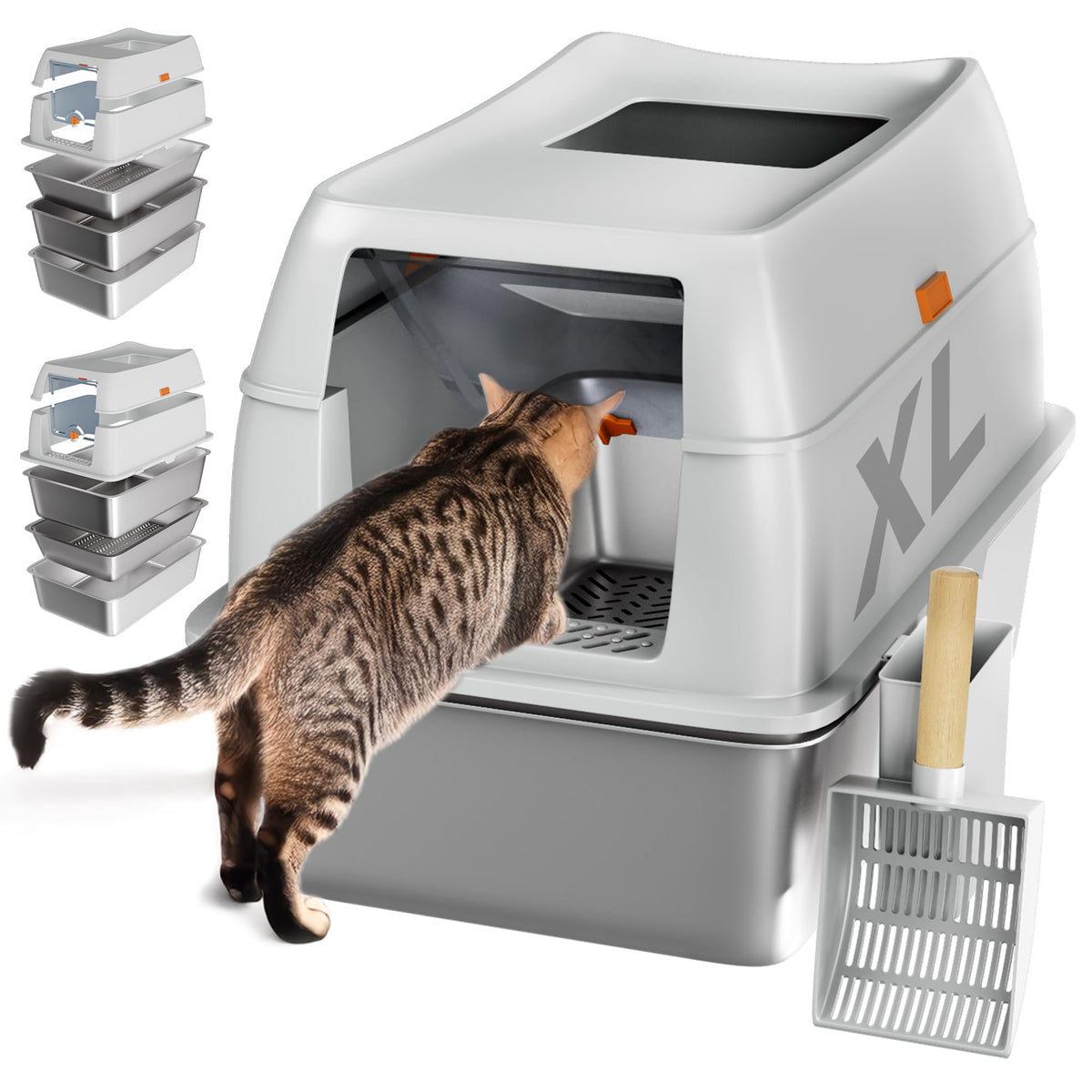 Tom & Sora Creations stainless-steel sifting litter box front view showing modern design for easy waste separation