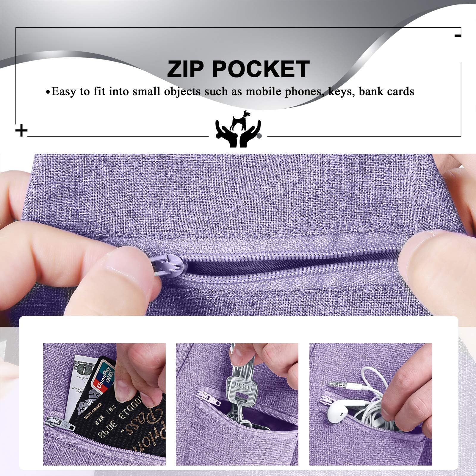 TOMKAS purple carrier shows outer zipper pocket for keys or treats