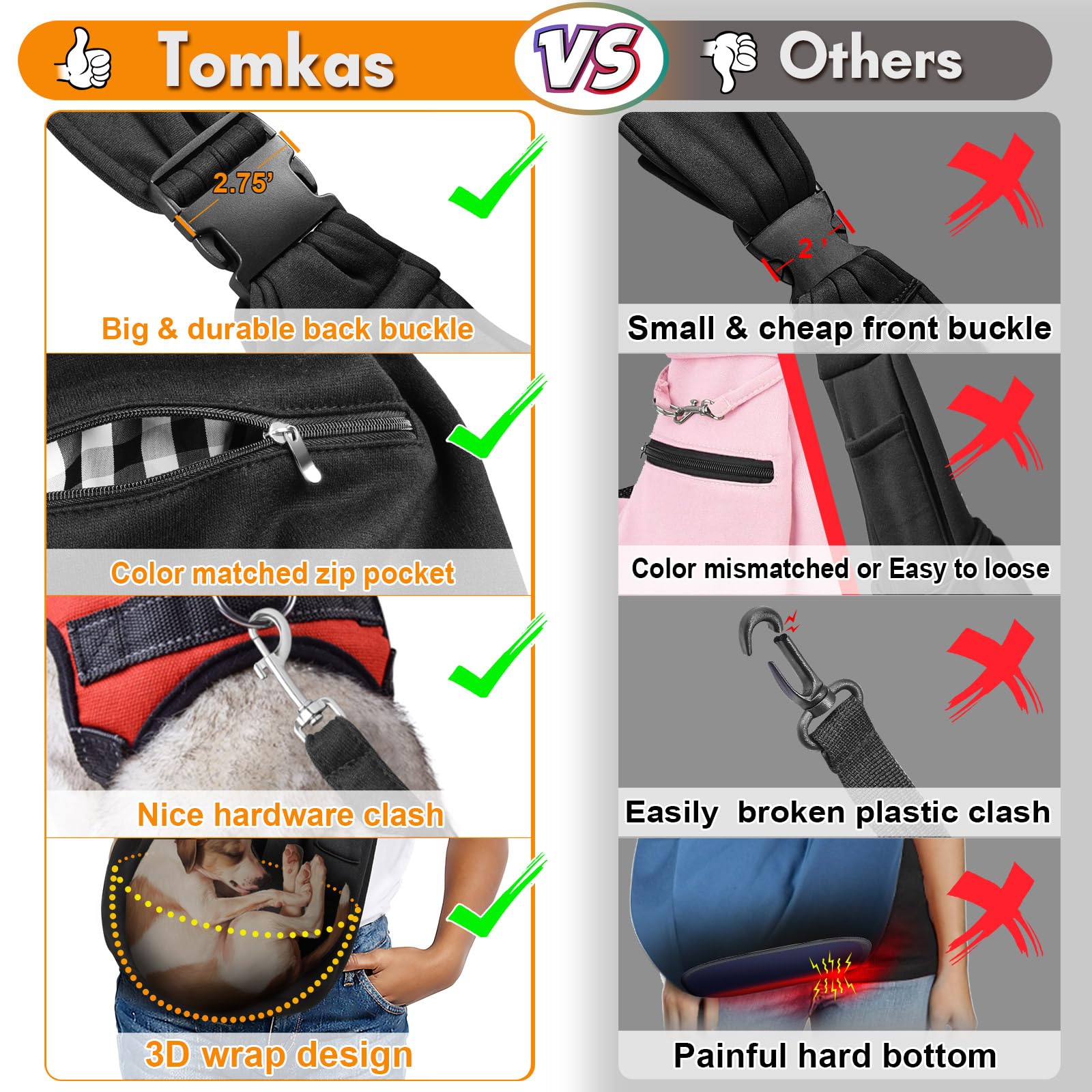 Tomkas dog sling carrier safety-buckle highlights secure restraint during walks
