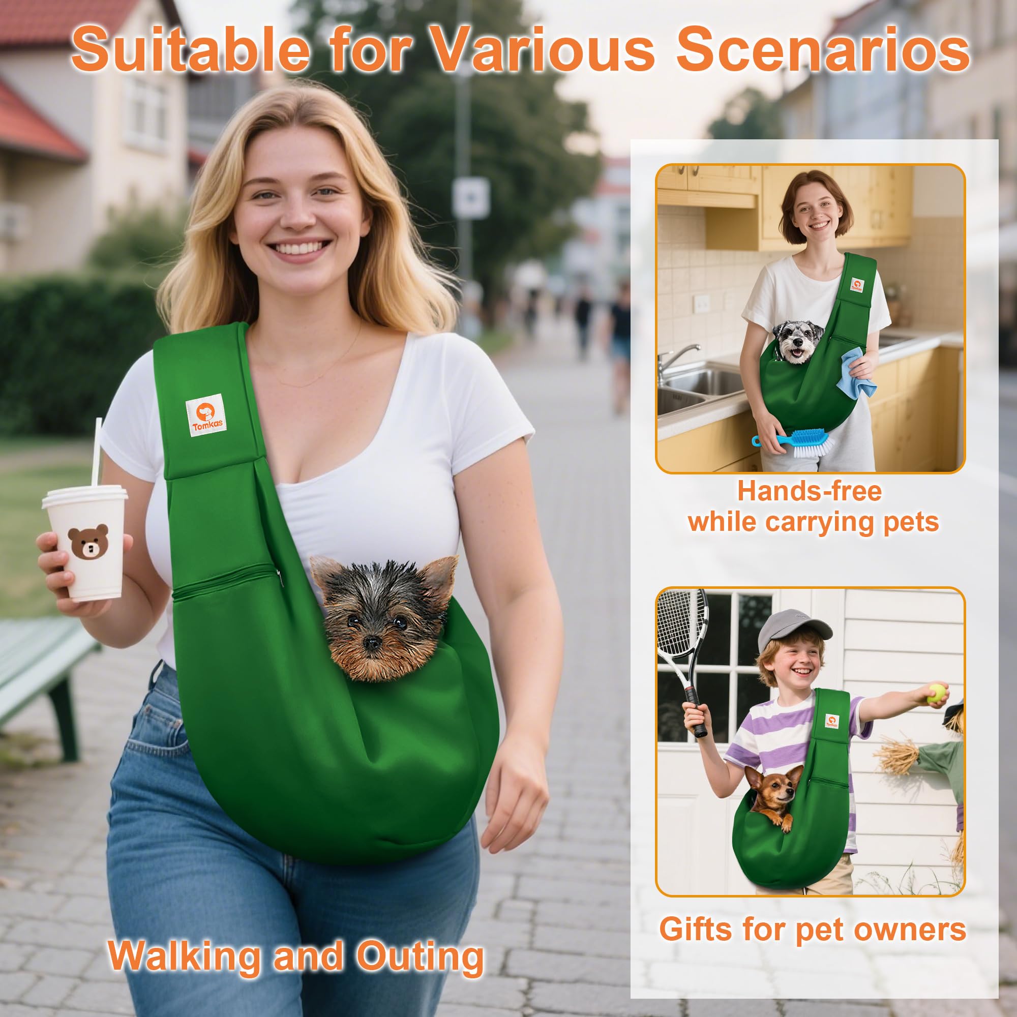 Tomkas dog sling front pocket open showing secure pocket storage during walks.