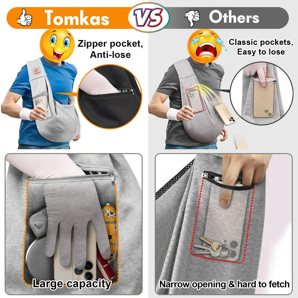 TOMKAS dog sling gray side view showing hands-free carrying on walks.