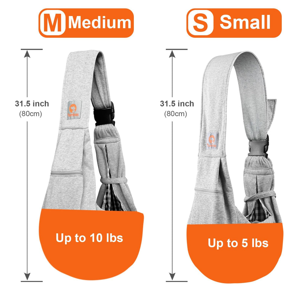TOMKAS size-capacity image highlights 2-7 lbs weight range for small dogs.