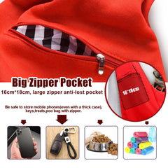 TOMKAS dog sling with zippered pocket open showing organized essentials.